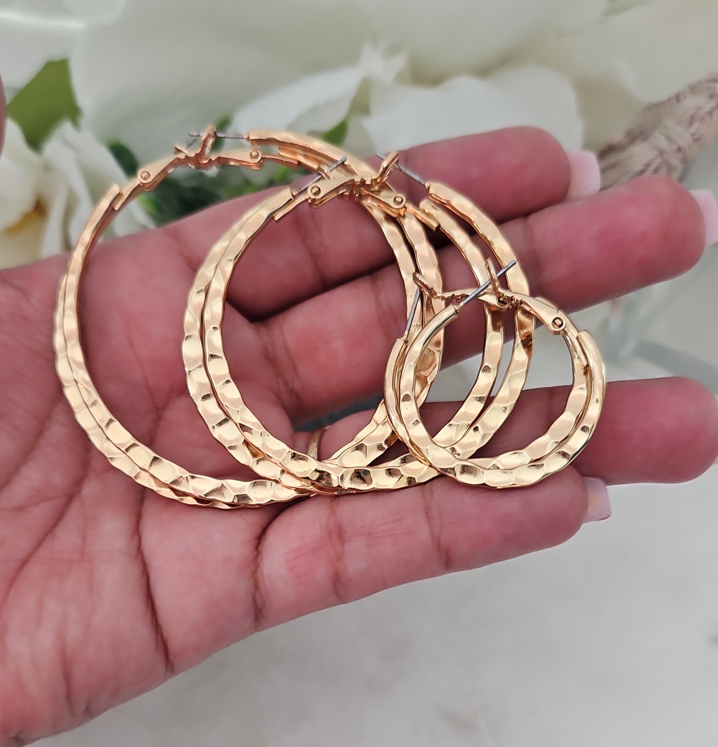 14k Gold Plated Hammered Hoop Earrings: Flat Design, Three Sizes