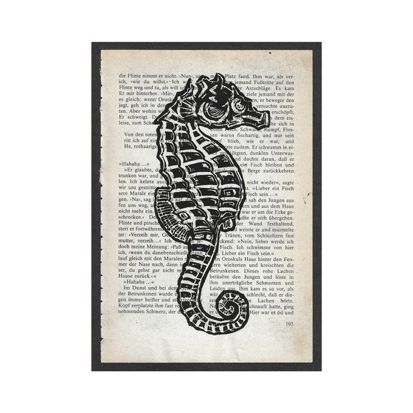 Seahorse lino print on book page