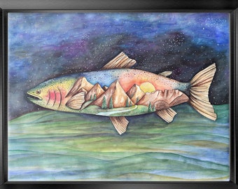 Rainbow Trout Watercolor Print, Mountain Scene, Fishing Artwork, Fish Watercolor, Mountain Scene, Galaxy Sky, River, Horsetooth Rock