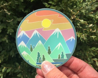 Mountain Sunset Vinyl Sticker: Water Resistant Outdoor Art