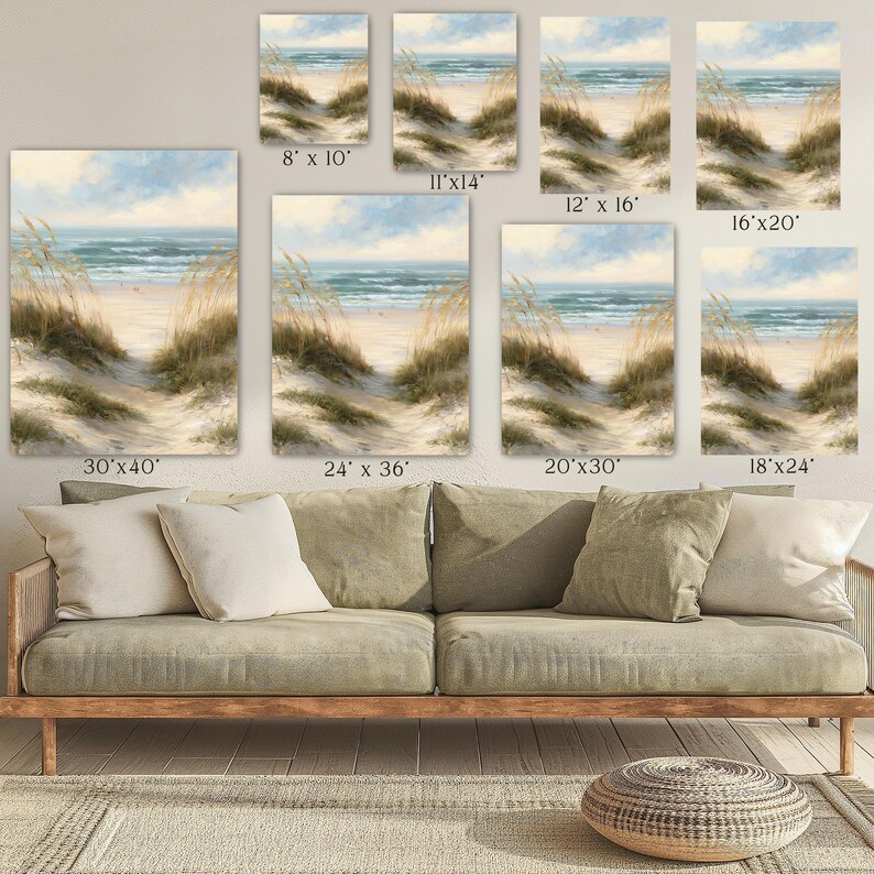 May include: A collection of wall art prints featuring a coastal beach scene with sand dunes, tall beach grass, and a blue ocean under a cloudy sky. The prints are labeled with dimensions ranging from 8' x 10' to 30' x 40' in inches.