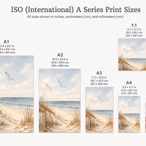 Op de afbeelding: Waterverfprints van een strandsc&egrave;ne met zeemeeuwen, zandduinen en de oceaan. De afbeelding toont verschillende afdrukformaten, waaronder A1 (59,4 x 84,1 cm), A2, A3, A4, A5 en een 1:1 vierkante afdruk. De tekst bovenaan luidt "ISO (International) A Series Print Sizes."