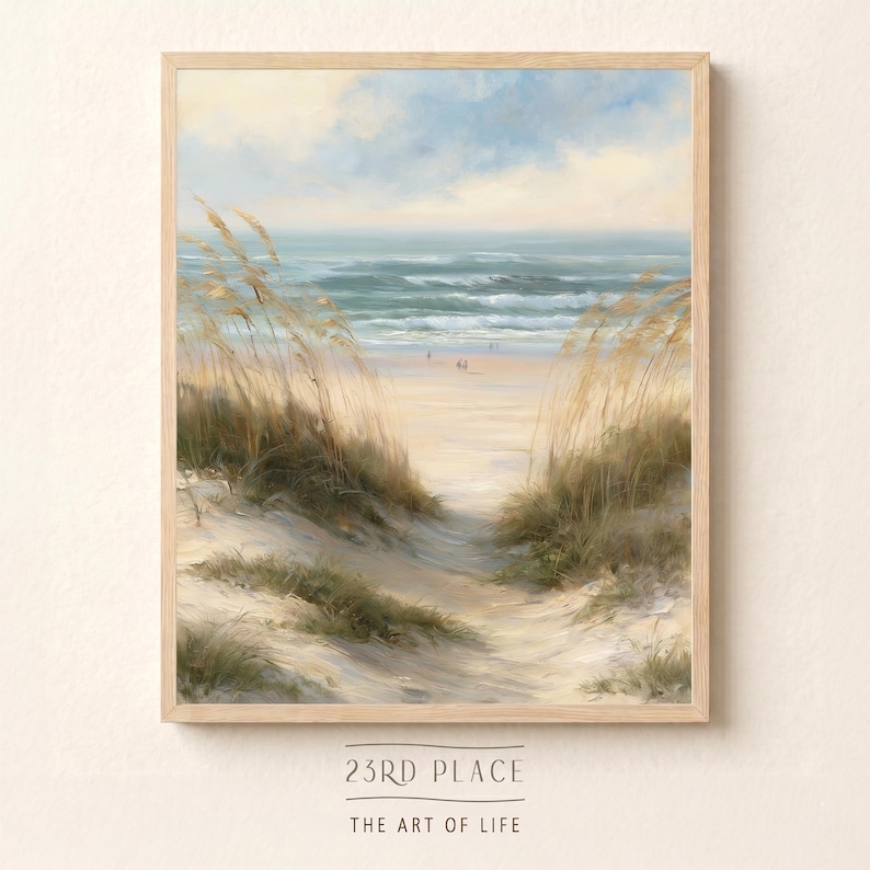 May include: A framed oil painting print depicting a coastal beach scene with golden sea oats in the foreground, a sandy path leading to the ocean, and a soft blue sky. The text 23RD PLACE THE ART OF LIFE is printed below the artwork.
