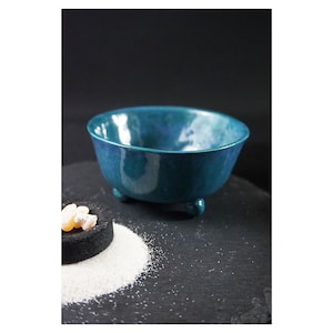 Tripod bowl -  Ceramic incense burner, bowl for burning incense on sand, pottery space clearing, protection, earthy pottery, blue green