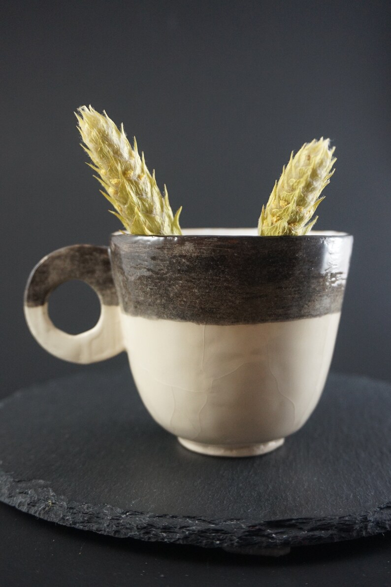 May include: A white ceramic cup with a brown band around the middle. The cup has a handle and is sitting on a black slate coaster. Two dried flower buds are sticking out of the cup.