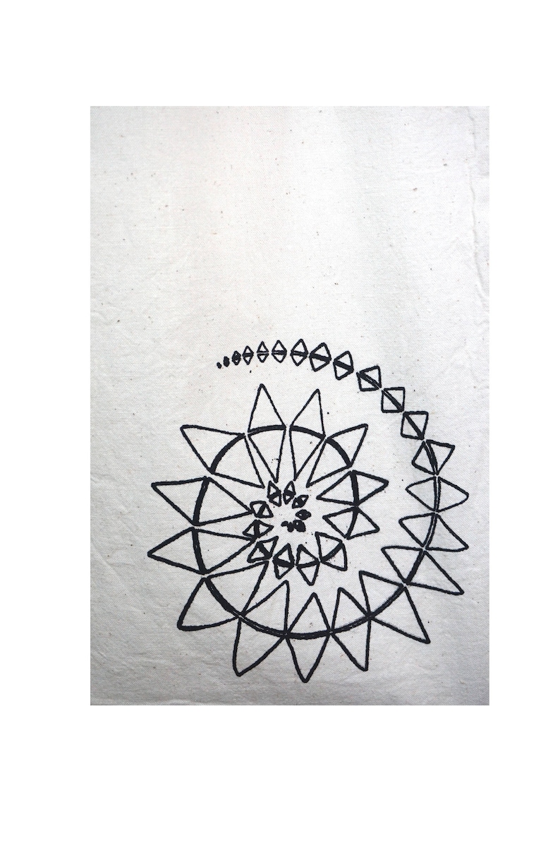 handdrawn grocery bag mandala art yoga bag forestelf handprinted geometric white bag Screenprint Canvas Tote Bag triangle spirale
