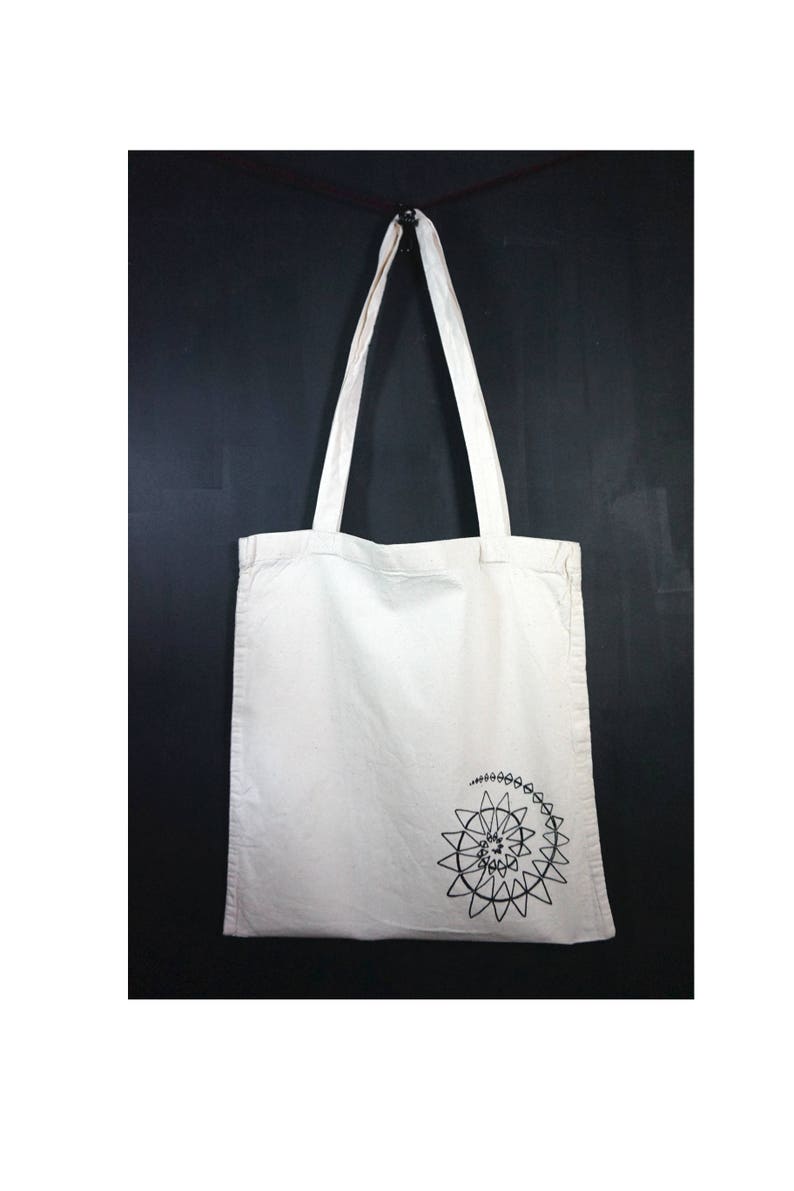 handdrawn grocery bag mandala art yoga bag forestelf handprinted geometric white bag Screenprint Canvas Tote Bag triangle spirale