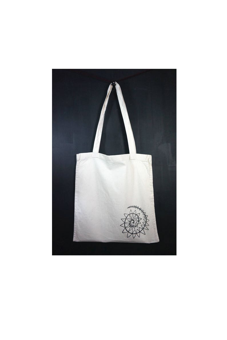 handdrawn grocery bag mandala art yoga bag forestelf handprinted geometric white bag Screenprint Canvas Tote Bag triangle spirale