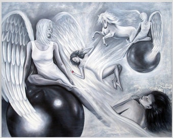 Dreams, esotericism, angel, woman, horse, ball, original oil painting, surrealism, unique, fantasy, symbolism, painting, painting. Figures