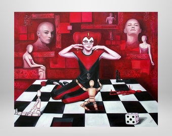 Joker,Game,Chessboard,Pieces,Original Oil Painting,,Surrealism,Unique,Fantasy,Symbolism
