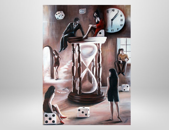 Reloj de arena, Óleo Original, Surrealismo, Único, Fantasía, Simbolismo,  Pintura, Figuras, Tiempo, Juego