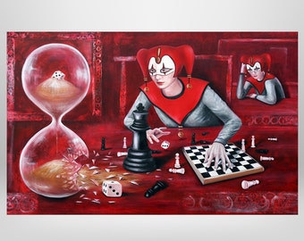 Joker, Hourglass, Game, Chessboard, Pieces, Original Oil Painting, Surrealism, Unique, Fantasy, Symbolism, Painting