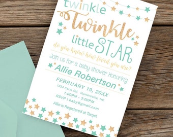 Twinkle Twinkle Little Star Baby Shower Invite - Neutralny/Chłopiec/Dziewczynka/RÓŻOWY, MIĘTOWY, NIEBIESKI