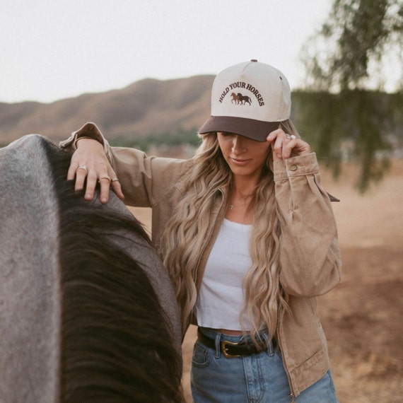Cream & Brown \'Hold Your Horses\' Trucker Hat Hold Your Horses Trucker Hat – Texas Sun Creative main image 4