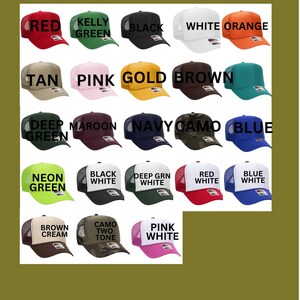 May include: A chart of 18 different trucker hats with foam fronts and mesh backs. The hats are displayed in rows of six, with each hat showing a different color or pattern. The colors include red, kelly green, black, white, orange, tan, pink, gold, brown, deep green, maroon, navy, camo, neon green, black and white, deep green and white, red and white, blue and white, brown cream, camo two tone, and pink and white.