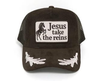Jesus Take The Reins brown Corduroy trucker hat