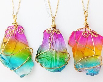 Crystal Pav\u00e9 titanium necklace gifts for her fashion jewelry iridescent titanium quartz necklace