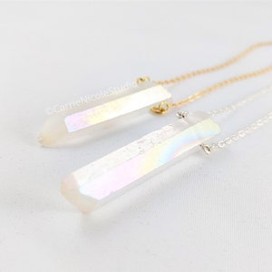 Angel Aura Quartz Necklace / Rainbow Aura Quartz / Clear Crystal Necklace / White Quartz Pendant / Boho Wire Wrapped Quartz / Rainbow Quartz