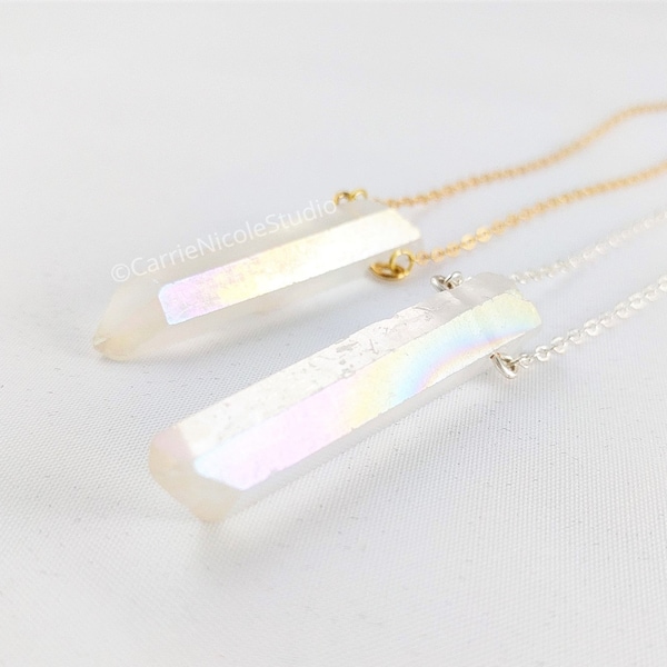 Collier de quartz Angel Aura / Quartz Rainbow Aura / Collier en cristal clair / Pendentif en quartz blanc / Quartz enveloppé de fil bohème / Quartz arc-en-ciel