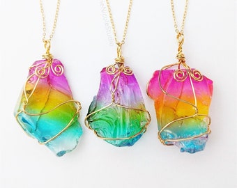 Rainbow Quartz Crystal Necklace / Rainbow Aura Quartz / Wire Wrapped Pendant / Pastel Goth Jewelry /  Titanium Quartz / Raw Crystal Necklace