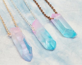 Fairy Kei Aura Quartz Crystal Necklace / Pastel Goth Choker / Cotton Candy Jewelry / Gift for Her / Rose Gold / Silver / Copper / Pink Blue