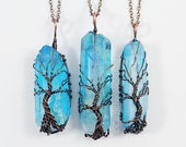 Aqua Aura Quartz Tree of Life Necklace Rainbow Quartz Pendant Blue Aura Dyed Stone Necklace Wire Wrap Quartz Raw Crystal Necklace
