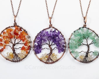 Seasons Tree of Life Necklace / Tree of Life Pendant / Copper Wire Wrapped Jewelry / Autumn / Spring / Carnelian / Amethyst / Aventurine