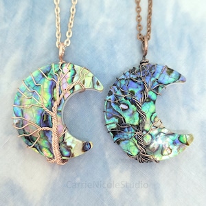 Abalone Shell Crescent Moon Necklace: Copper Tree of Life Pendant - Women Mermaid Jewelry
