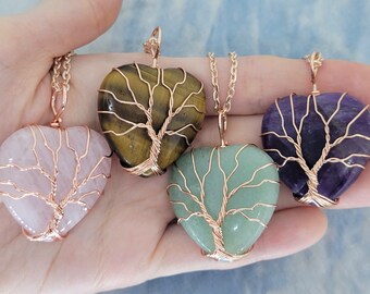 Rose Gold Tree of Life Heart Necklace: Wire Wrapped Gemstone Pendant