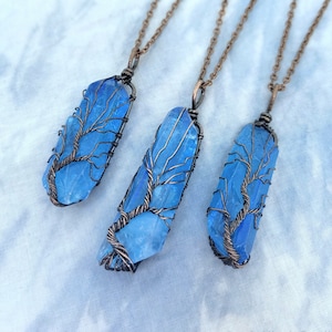 Matte Blue Aqua Aura Quartz Tree of Life Necklaces - Boho Chic Crystal Pendants - Antiqued Copper Wire Wrap Jewelry - Witchy Stone Necklace