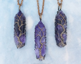 Amethyst Tree of Life Necklace: Copper Wire Wrapped Double Terminated Crystal Pendant