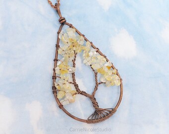 Teardrop Citrine Beaded Tree of Life Copper Wire Wrapped Pendant Necklace - November Birthstone