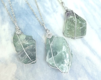 Raw Green Fluorite Crystal Necklace: Silver Wire Wrapped Gemstone Pendant