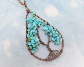 Aquamarine Tree of Life Necklace / Beaded Copper Wire Wrapped - Etsy