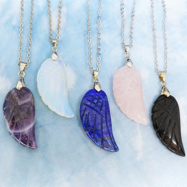 Angel Wing Crystal Necklace / Bird Wing Pendant / Christian Gift / Friendship / Rose Quartz / Opalite / Amethyst / Lapis / Stainless Steel