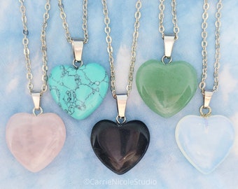 Crystal Heart Necklace / Friendship Gift / Fairy Kei Jewelry / Kawaii Pastel Goth / Rose Quartz / Opalite / Stainless Steel / Best Friend