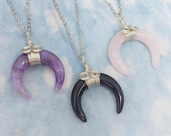 Crescent Moon Horn Crystal Stainless Steel Wire Wrapped Pendant Necklaces in Rose Quartz, Black Agate, Amethyst