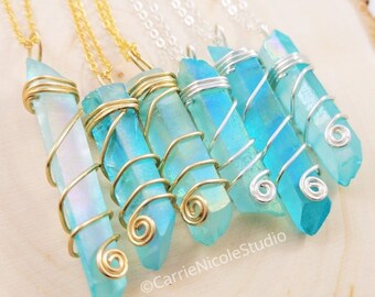 Aqua Aura Quartz Swirl Necklace - Wire Wrapped Blue Crystal - Fairycore Jewelry - Elven Pendant