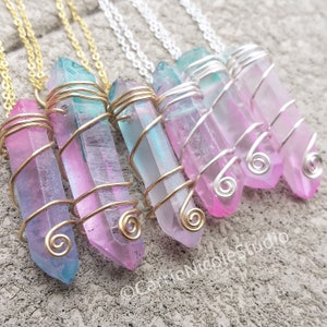 Pastel Goth Aura Quartz Crystal Choker Necklace Wire Wrapped Pendant Cotton Candy Pink and Blue Fairycore Jewelry Fairy Kei Kawaii image 2