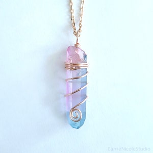 Pastel Goth Aura Quartz Crystal Choker Necklace Wire Wrapped Pendant Cotton Candy Pink and Blue Fairycore Jewelry Fairy Kei Kawaii image 4