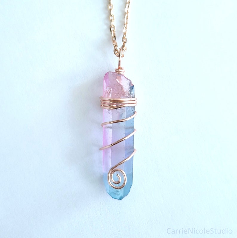 Pastel Goth Aura Quartz Crystal Choker Necklace Wire Wrapped Pendant Cotton Candy Pink and Blue Fairycore Jewelry Fairy Kei Kawaii image 4