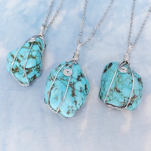 Tumbled Turquoise Crystal Necklace: Wire Wrapped Stainless Steel Pendant