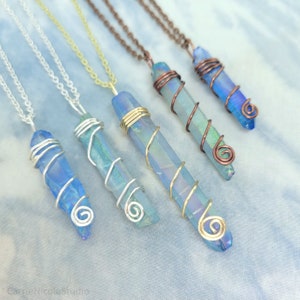 Handmade Aqua Aura Quartz Necklace: Wire Wrapped Crystal Pendant