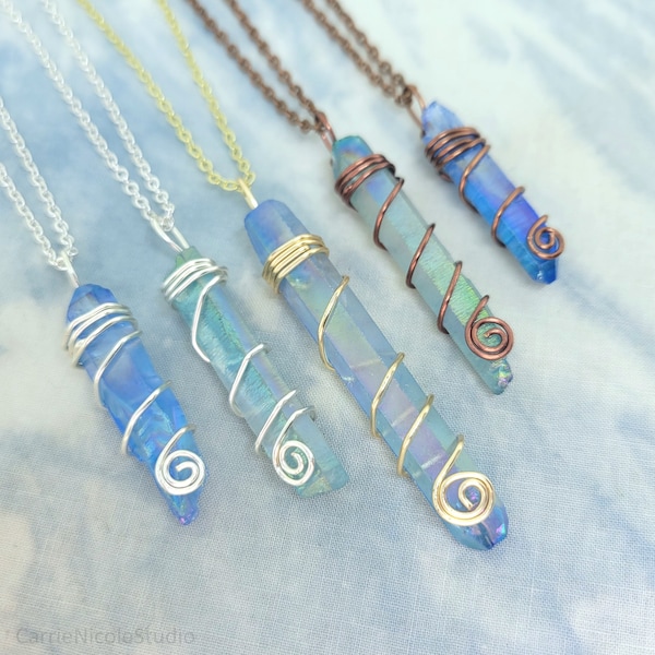 Mermaid Blue Aura Quartz Necklace / Titanium Aura Quartz / Raw Crystal Necklace / Aqua Aura Necklace / Wire Wrapped Quartz / Handmade