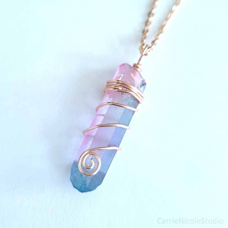 Pastel Goth Aura Quartz Crystal Choker Necklace Wire Wrapped Pendant Cotton Candy Pink and Blue Fairycore Jewelry Fairy Kei Kawaii image 1