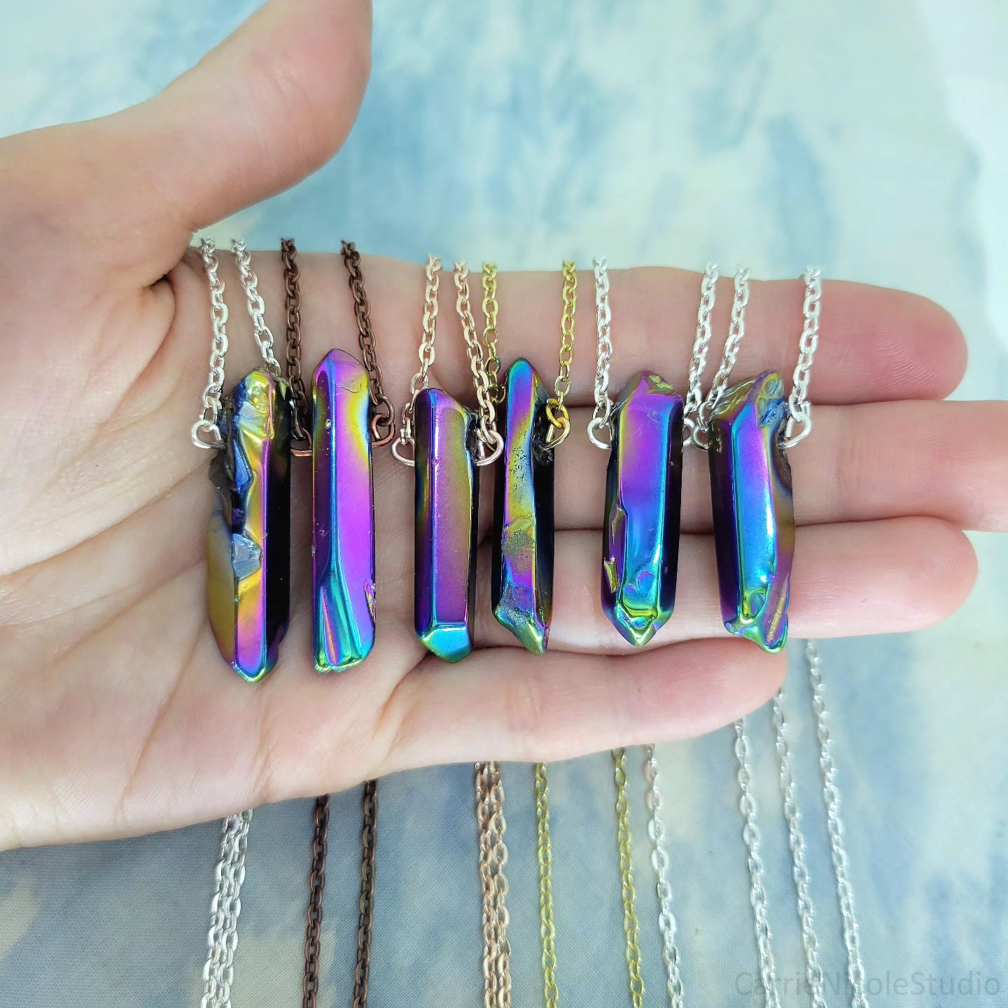 Rainbow Aura Quartz Crystal Necklace Polished Shiny Crystal