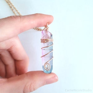 Pastel Goth Aura Quartz Crystal Choker Necklace Wire Wrapped Pendant Cotton Candy Pink and Blue Fairycore Jewelry Fairy Kei Kawaii image 5