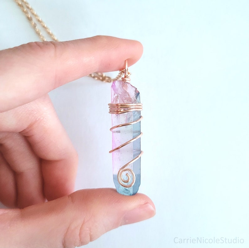 Pastel Goth Aura Quartz Crystal Choker Necklace Wire Wrapped Pendant Cotton Candy Pink and Blue Fairycore Jewelry Fairy Kei Kawaii image 5