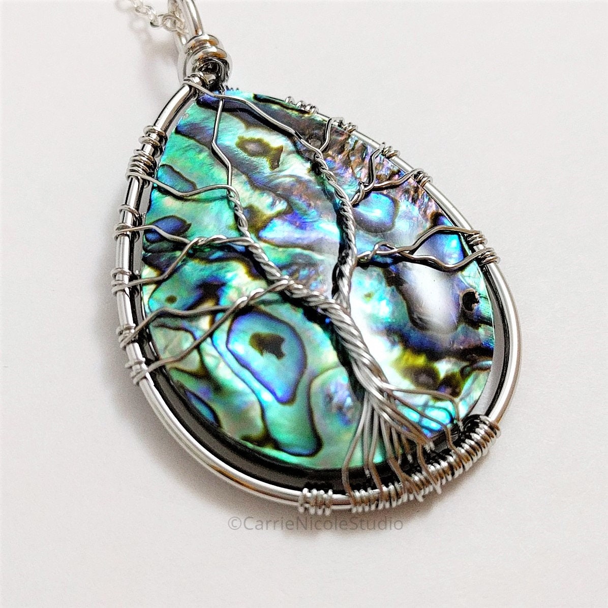 Teardrop Abalone Shell Necklace Tree of Life Silver Wire - Etsy