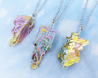 Rainbow Bismuth Crystal Stainless Steel Wire Wrapped Necklace - Boho Yoga Jewelry - Hippie Chakra Healing Stone Pendant - Gift for Yogi